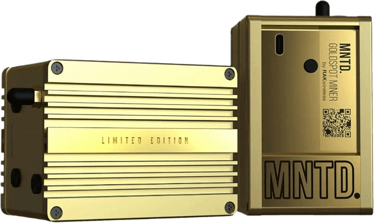 Gold limited edition cryptocurrency miner with MNTD branding and vents.