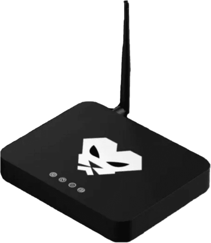 Black wireless router with a single antenna and a white skull logo on top.