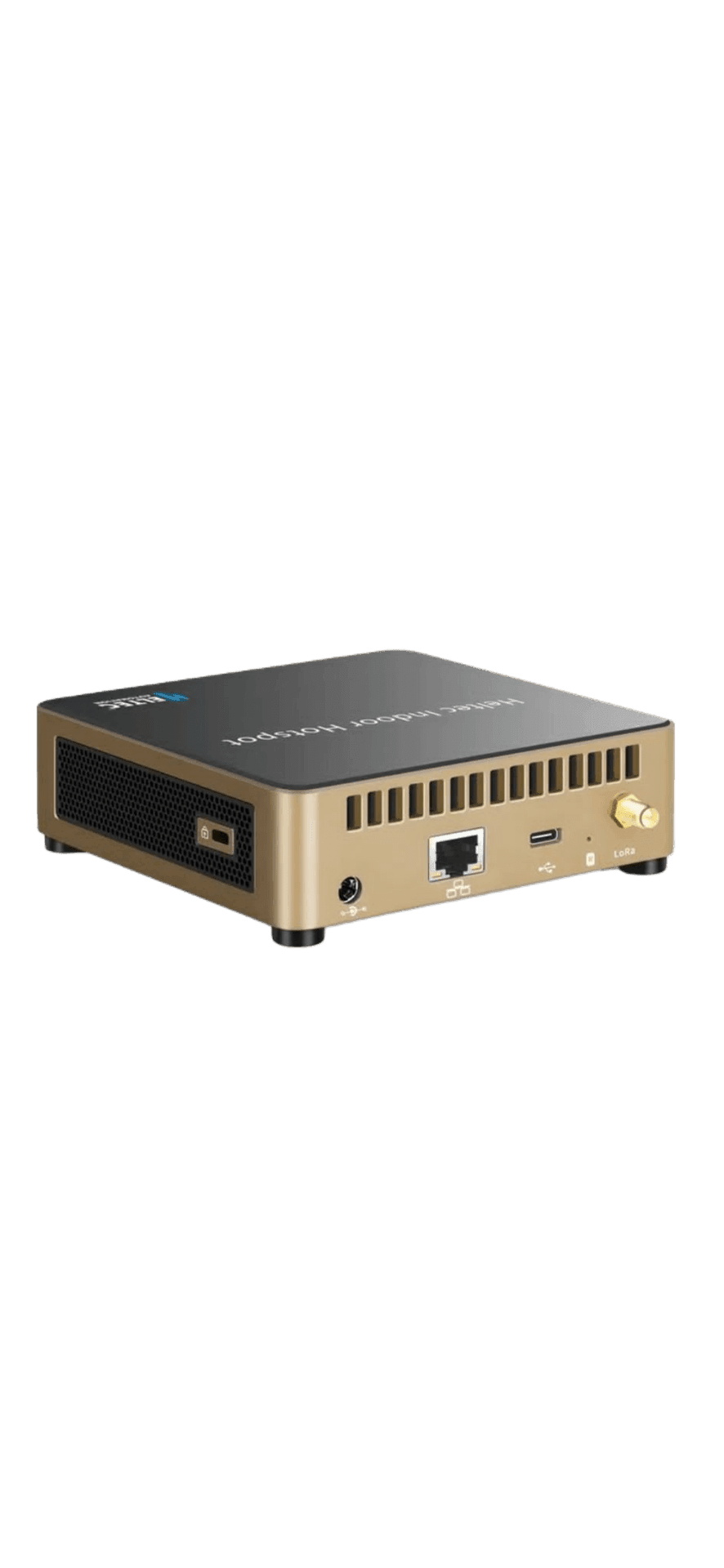 Compact black and gold networking device with various ports and ventilation slots.