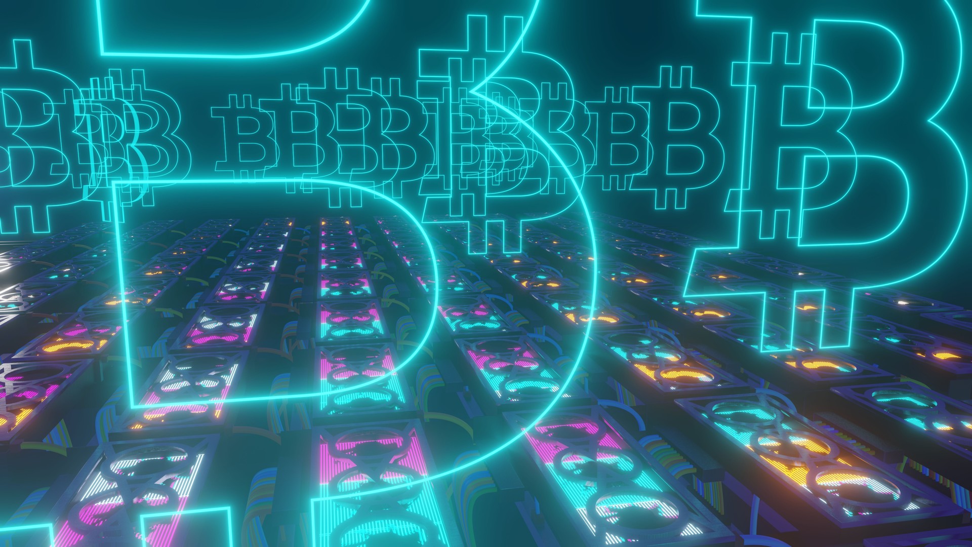 Set of graphic cards, neon glowing Bitcoin symbols - the concept of cryptocurrency mining, 3D rendering